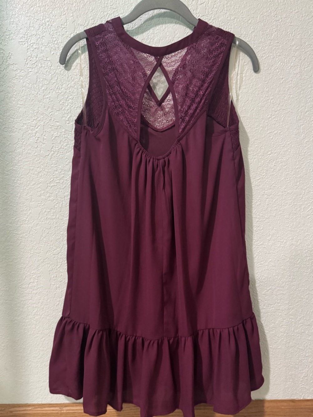 JODI KRISTOPHER Sleeveless Lace Yoke Ruffle Hem Dress S 18” p2p Wine NWOT - Picture 8 of 12